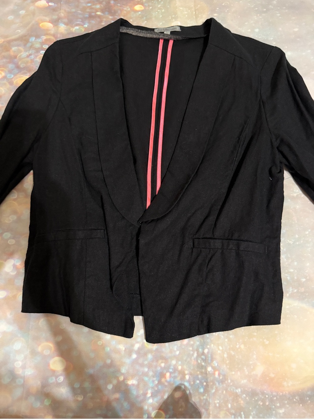 Charlotte Russe Black Open-Front Blazer with Pink Stripe Lining